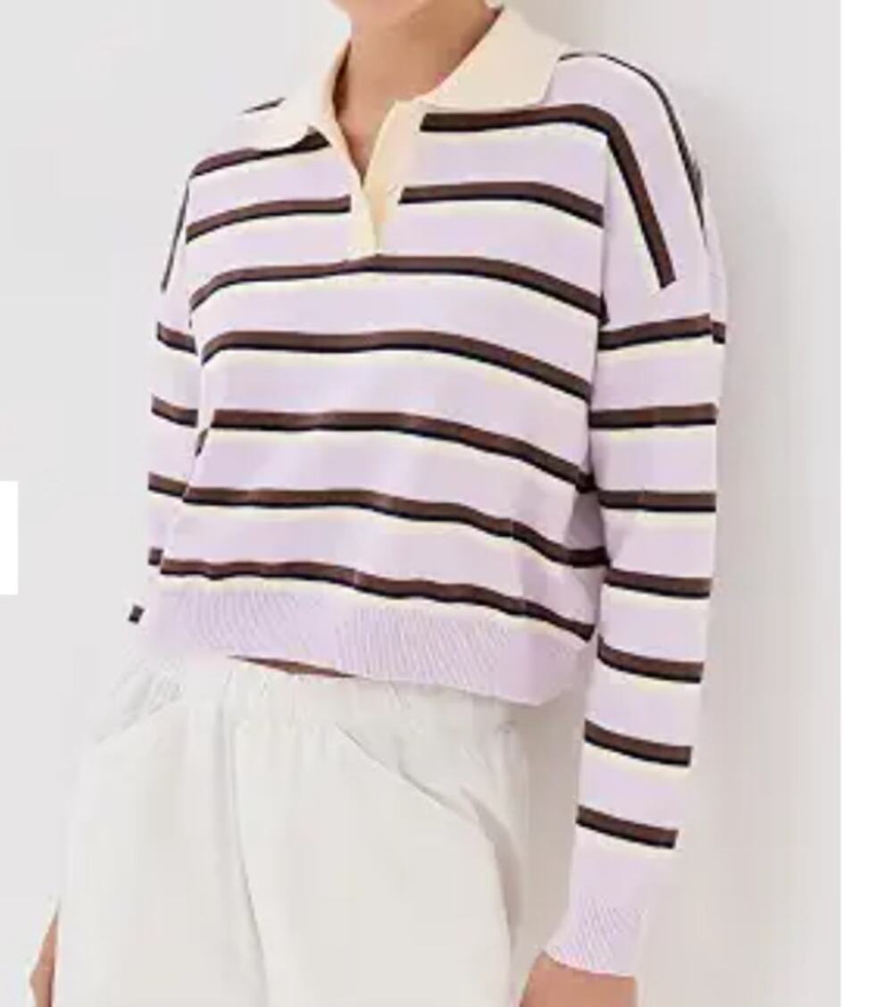 LE BOP Purple Striped Cotton Blend Long Sleeve Polo Sweater Size M